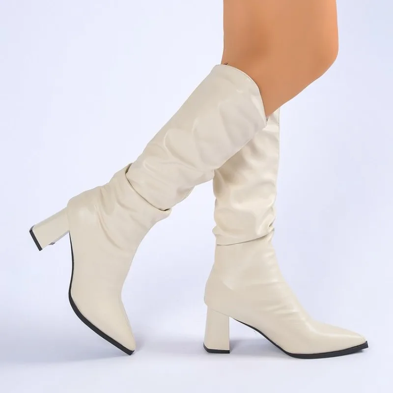 Women's Long Tube Pleated Pile Boots 2026  New Style Leather Surface Pointed Toe Thick Heel Tube High Heel Boots
