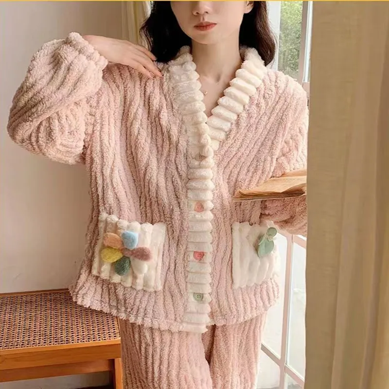 Women Thickened Warm Flannel Cardigan Pajamas V-Neck Comfortable Floral Homewear Soft Loose Loungewear Maternity Easier to Wear