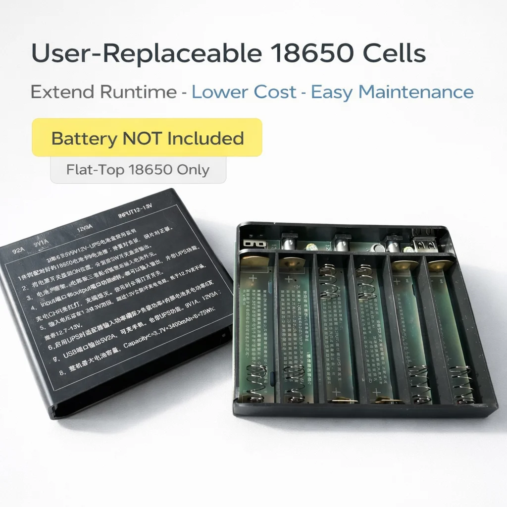 DC UPS Battery Backup Box, User-Replaceable 18650 Cells, Extend Runtime, Lower Cost Backup for Router ONT Camera