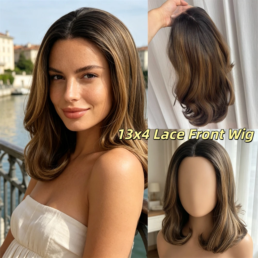 Ombre Honey Brown Middle Part Synthetic Lace Front Wig Preplucked Hairline Japanese Fiber Futura Hair Daily Party Vacation Wear