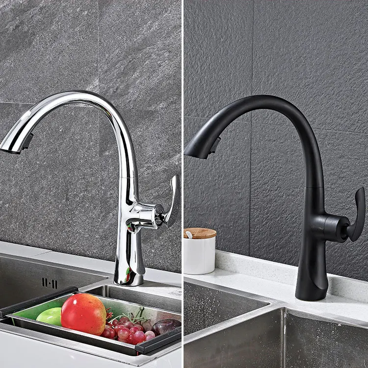 All-copper kitchen black pull-out hot and cold faucet on-counter basin electroplating hot and cold water mixing valve faucet