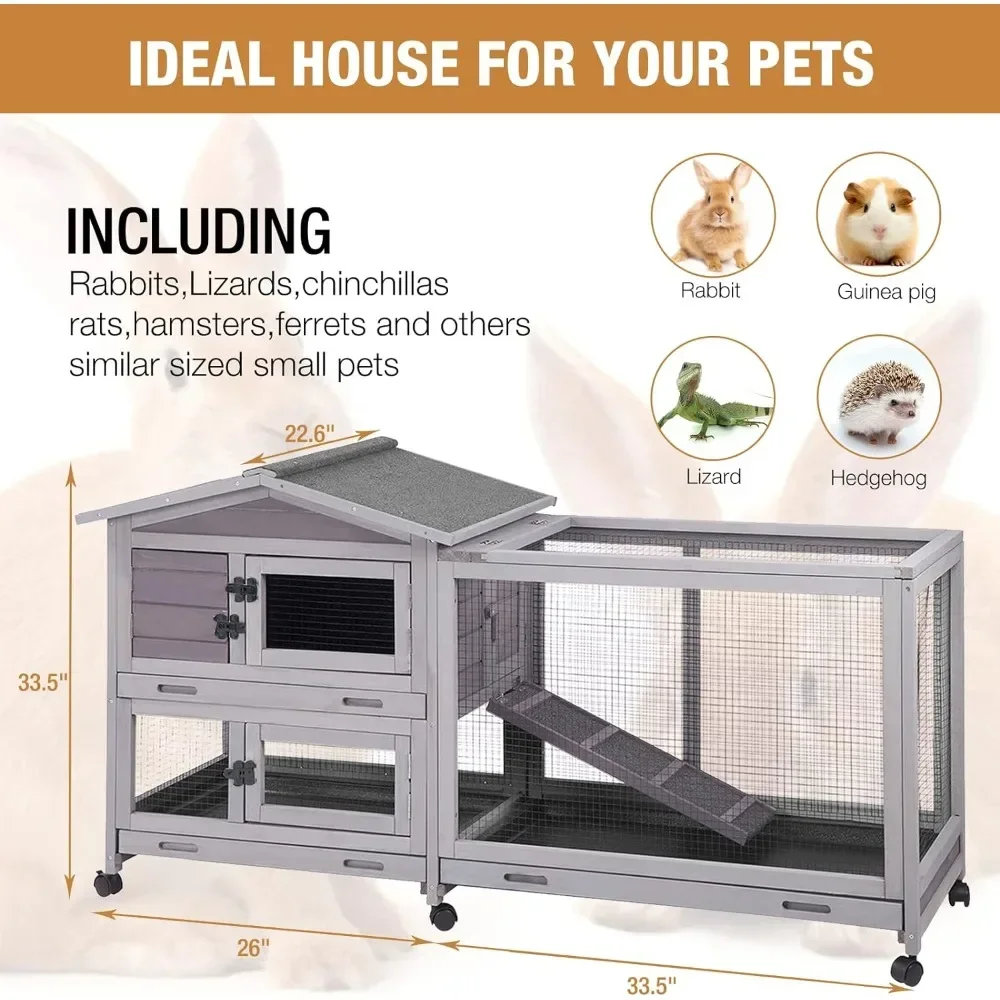 Bunny Cage Indoor and Outdoor Rabbit Hutch with Casters Waterproof Roof, Pull Out Tray from Back and Front