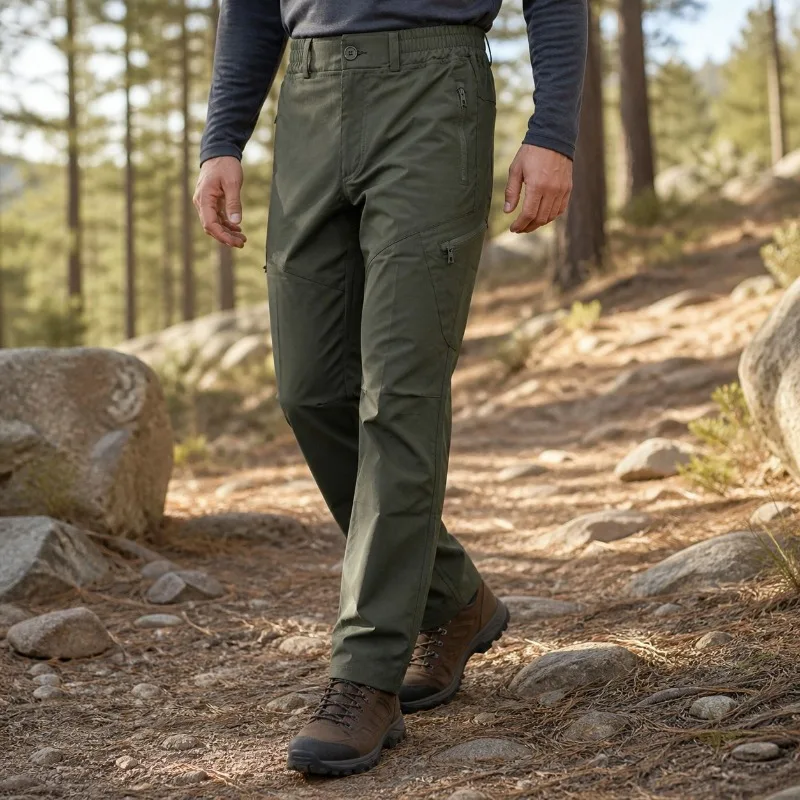 Men Straight Outdoor Hiking Pants Elastic Waist Zipper Pockets Ripstop Wear Resistant Lightweight Trekking Camping Work Trousers