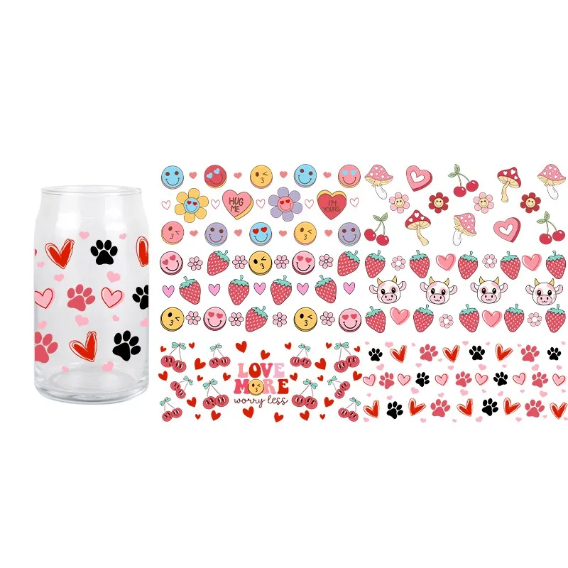 Valentine Series 3D UV DTF Fruits UV DTF Transfer Sticker Cow Love Series Wraps Cup High Quality Waterproof 16 OZ Mug Coffee Cup