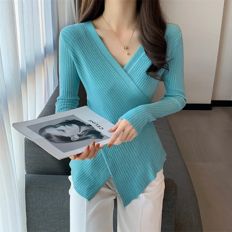 

2023 Autumn Women's Clothes Sexy Cross V-neck Long Sleeve Knitting Pullovers Solid Color Female Basic Shirts Office Lady Sweater