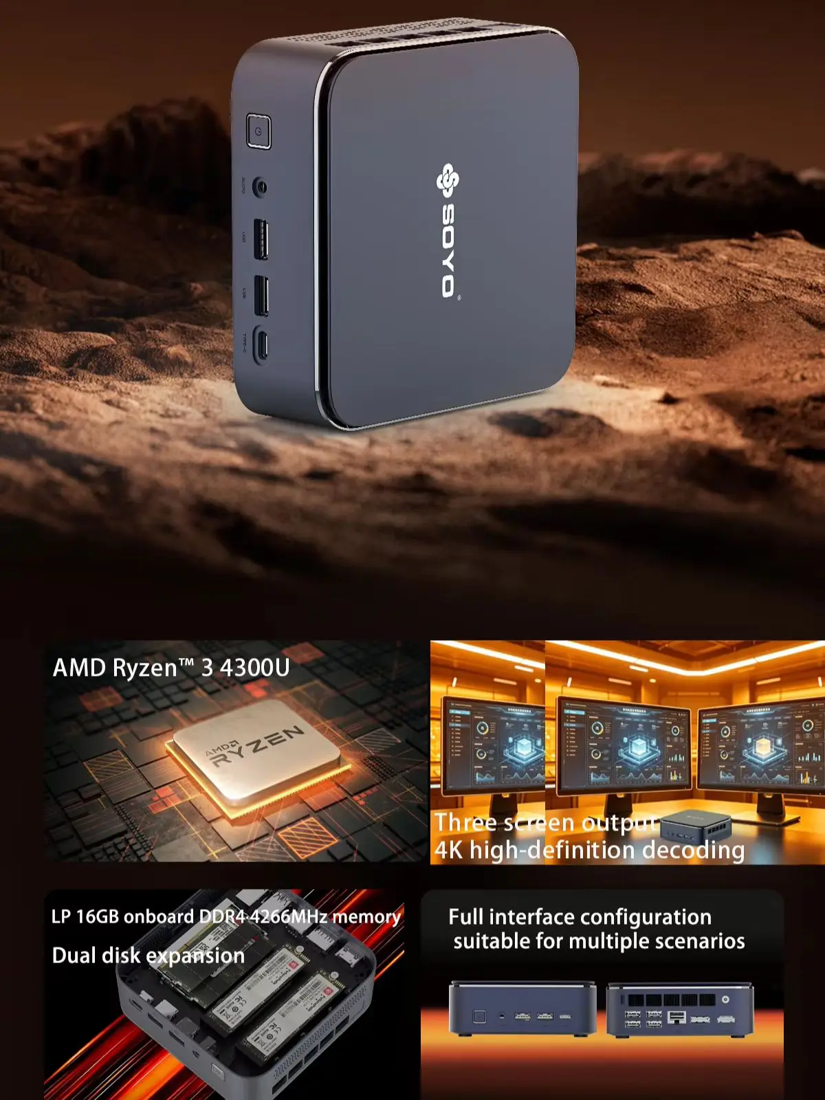 Mini-PC SOYO M5 Mini AMD Ryzen 3 4300U LPDDR4 16GB RAM 512GB ROM WLAN 5 BT5.0 Windows 11 Pro Desktop-Computer