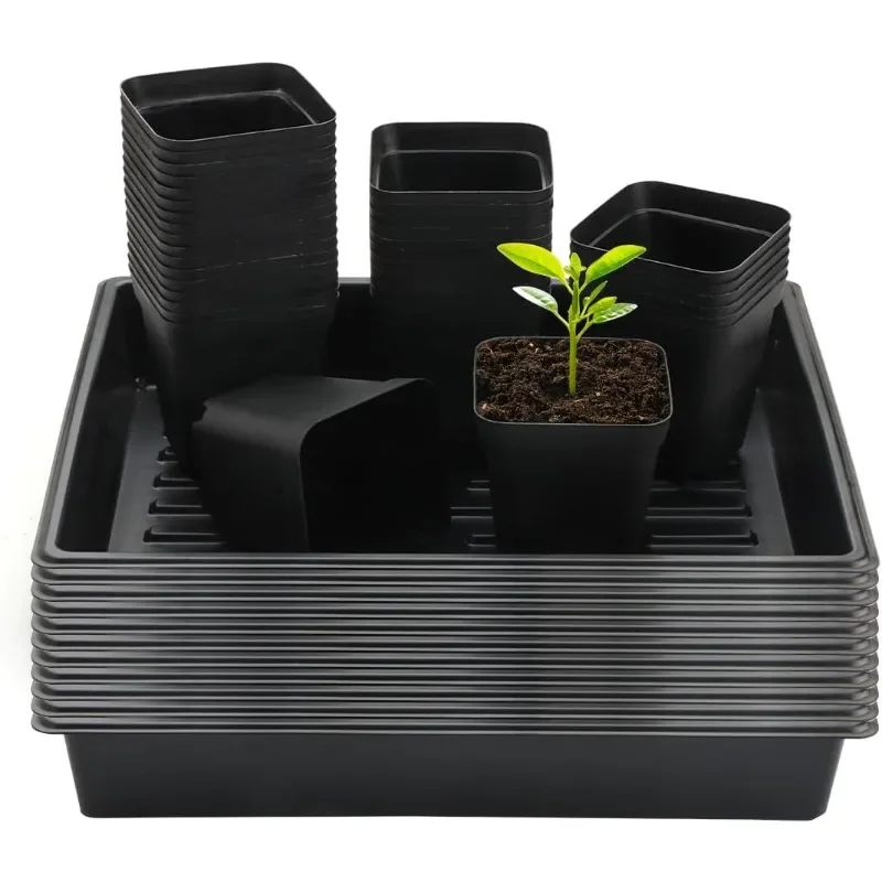 

120-Pack 4" Square Plant Pots, 10 Trays Propagation Kit for Microgreens Germination & Growing