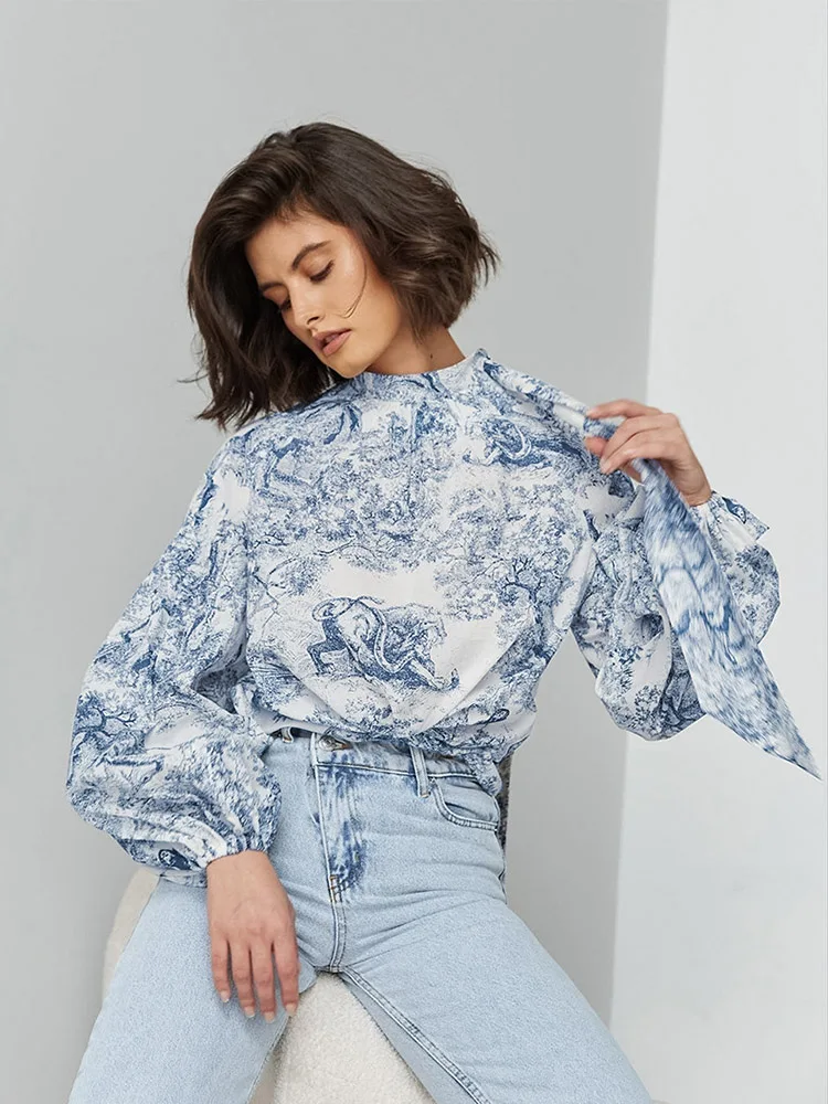 MSCSZ Stylish Women's Elegant Blouse Floral Printed Long Sleeve Office Blouses Woman Mock Neck Lace-Up Shirts & Blouses