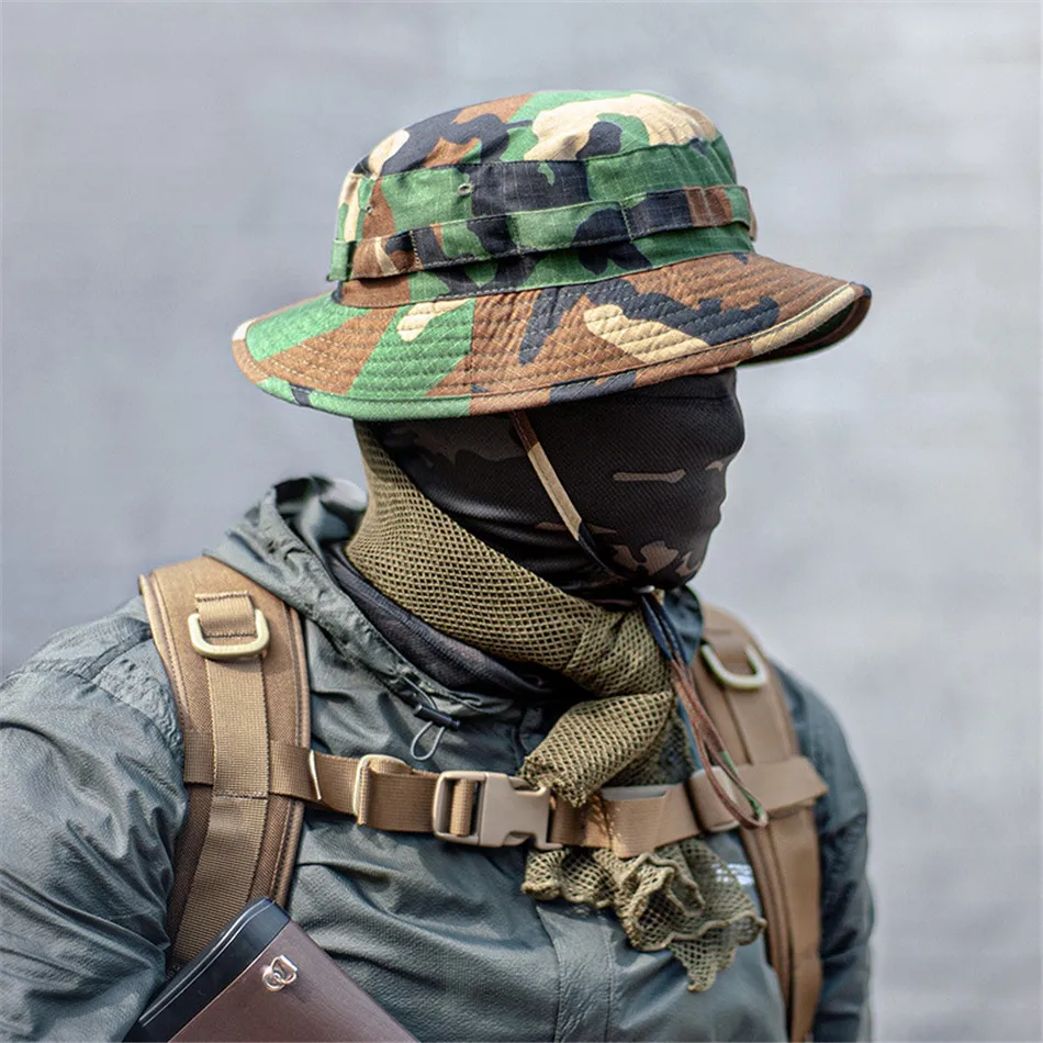 Military Fan Tactical Camouflage Short Brimmed Boonie Hat Outdoor Hiking Camping Fishing Narrow Brimmed Fisherman Sun Hats