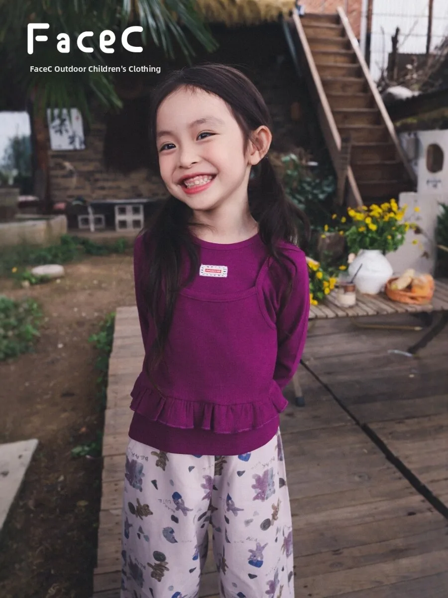 Slim Fit Long Sleeve T-Shirt for Girls Outdoor Spring Autumn Elastic Comfortable Cotton Blend Child Clothing FaceC Brand