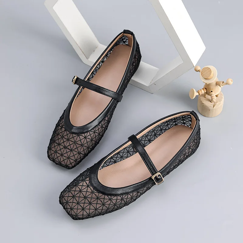 

2026 Women's Black Mesh Fabric Buckle Strap Square Toe Breathable Comfort Daily Flats