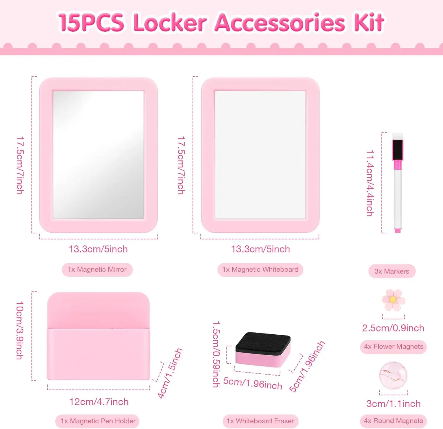 مجموعة إكسسوارات الخزانة، 15 قطعة من اللوازم المدرسية تتضمن مرآة مغناطيسية وسبورة بيضاء وأقلام تحديد وحامل أقلام ومغناطيس، l