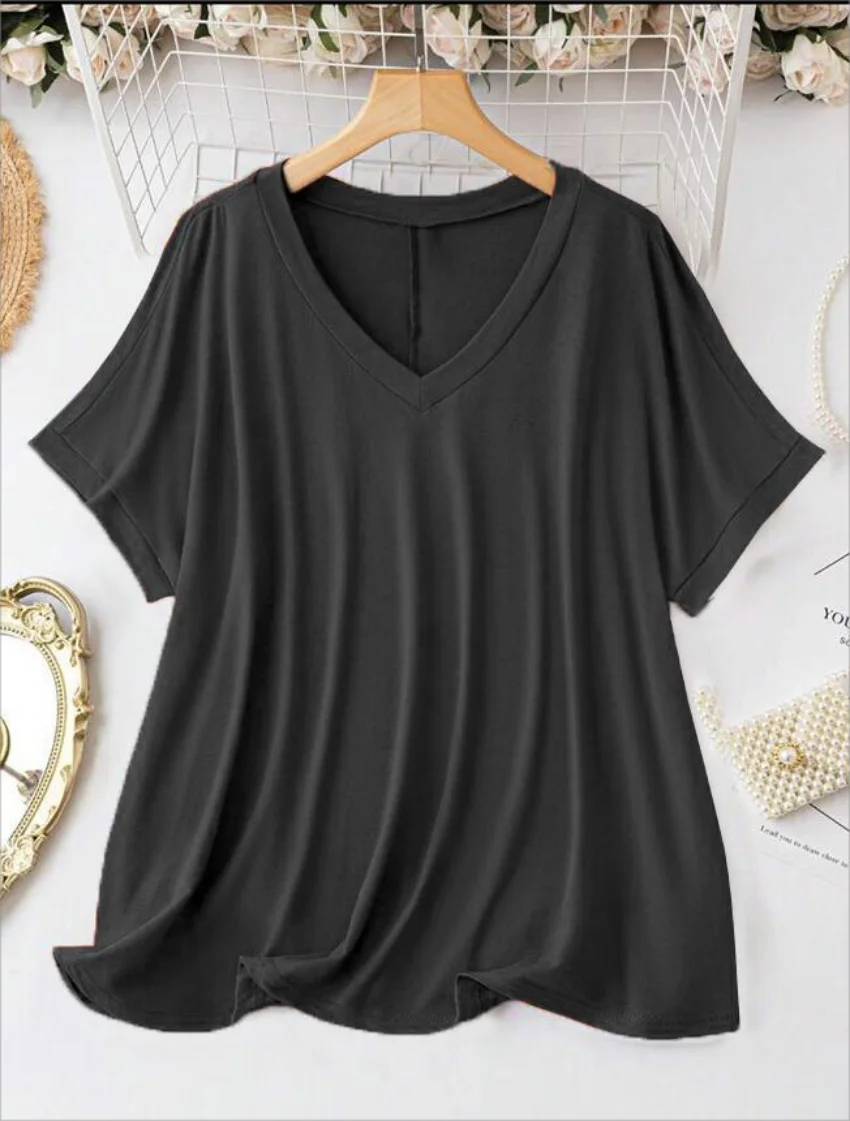 New Plus Size European and American Women's Casual V-neck Solid Color T-shirt