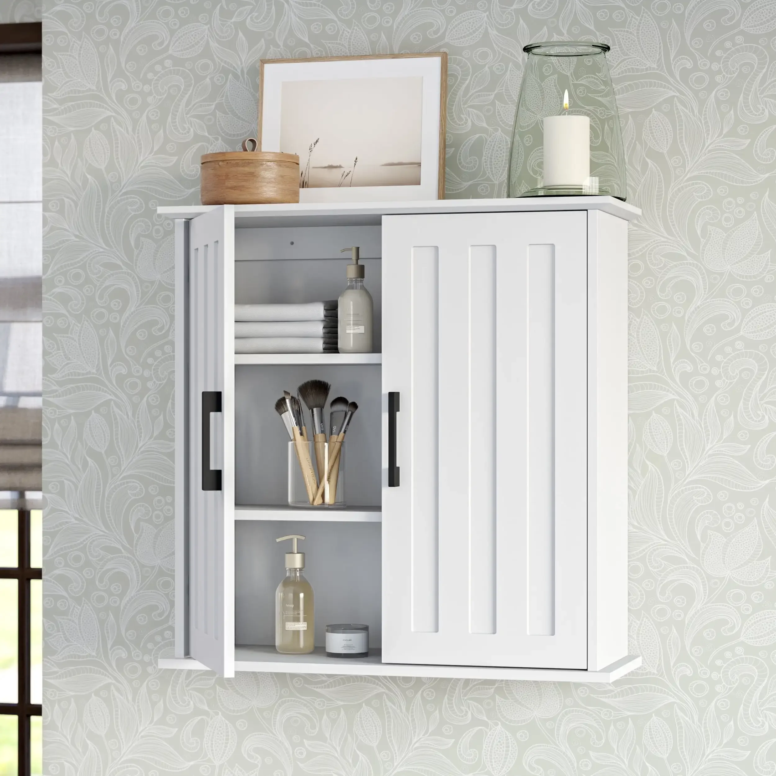 

Monroe Two-Door Bathroom and Laundry Wall Mount Storage Medicine Cabinet with Fixed and Adjustable Shelves - White