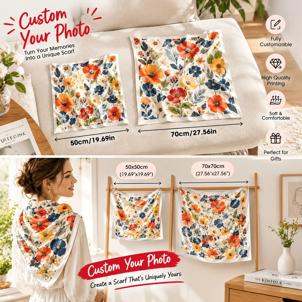 Custom 1pc Square Satin Scarf, 50x50cm/ 70x70cm Multi-functional Headscarf with Multiple Wearing Styles. Ideal for Daily Wear,