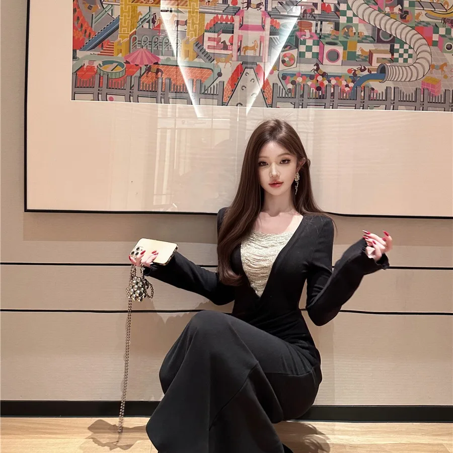 خريف شتاء ريترو مثير عميق الخامس Ne لصق طويل Sve مطوي الخصر في ذيل فاي الدكتور تنورة طويلة المرأة عالية الخصر تخفيف Sle