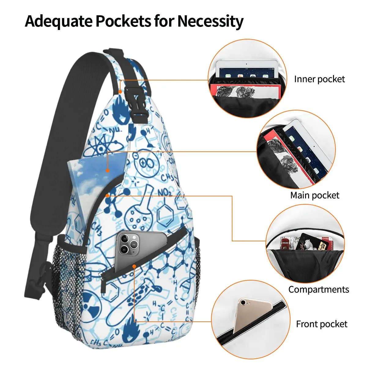 Chemistry Chemical Lab Crossbody Sling Bag Small Chest Bag math Shoulder Backpack Daypack for Hiking Travel Travel Bag