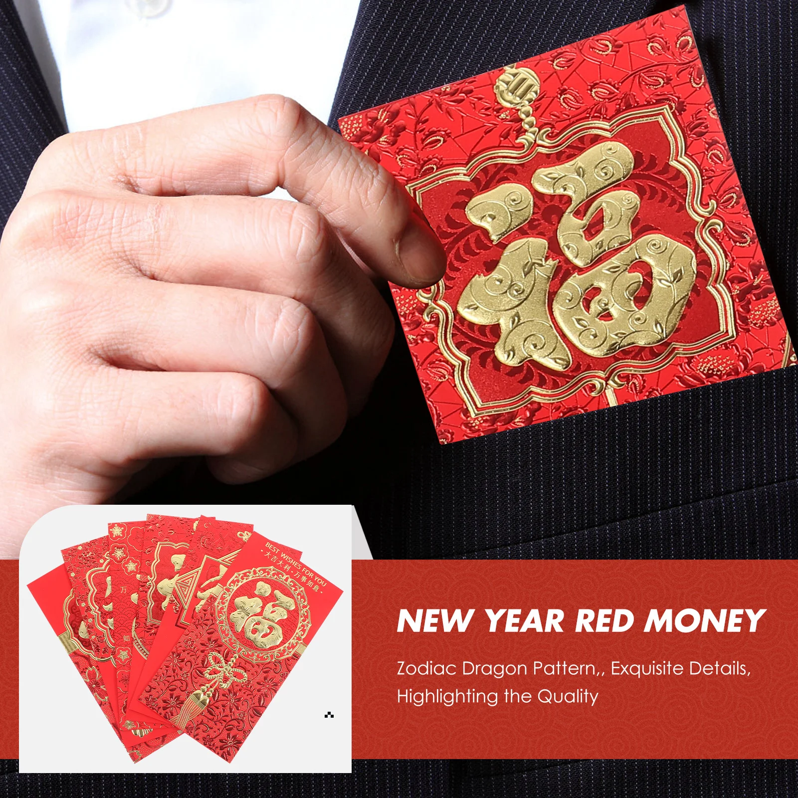 

6Pcs Dragon Year Red Envelopes Fu Character Paper Red Packets Lunar New Year Money Holder Traditional Lucky Gift