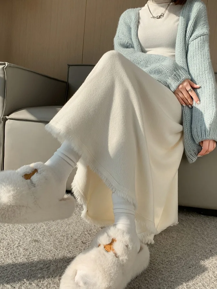 Gestrickter f-Länge-Rock für Damen, Herbst und Winter, kleine Größe, drapiert, großer A-Linien-Rock, hohe Taille, Midi-Länge, Wollmischung, lässig