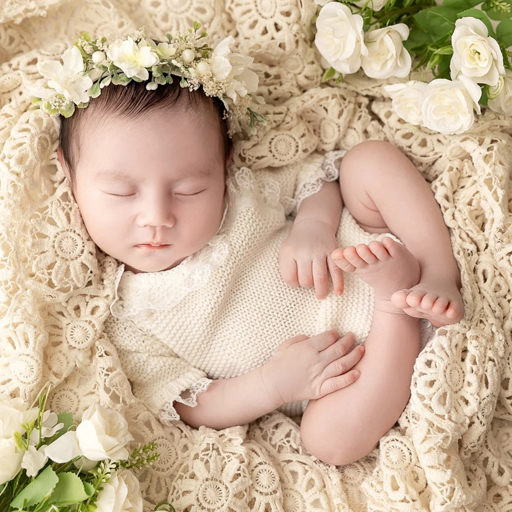 Lacy Newborn Girls Clothes Newborn Photography Props Knitted Baby Lace Blanket Flower Headband Baby Photo Shoot Accessories