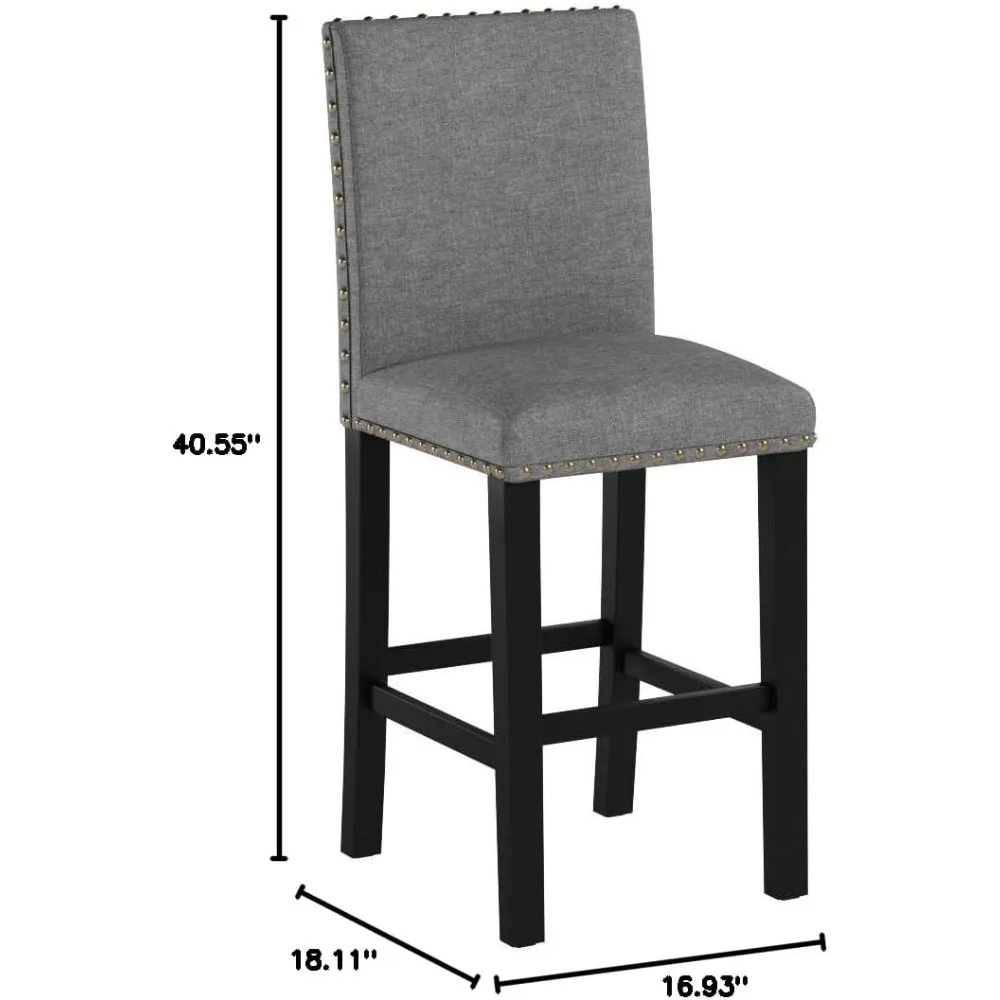 Conjunto de 4 bancos de bar com decoração de cabeça de prego Almofadas macias de 24 polegadas com bancos de pernas de madeira maciça (cinza)