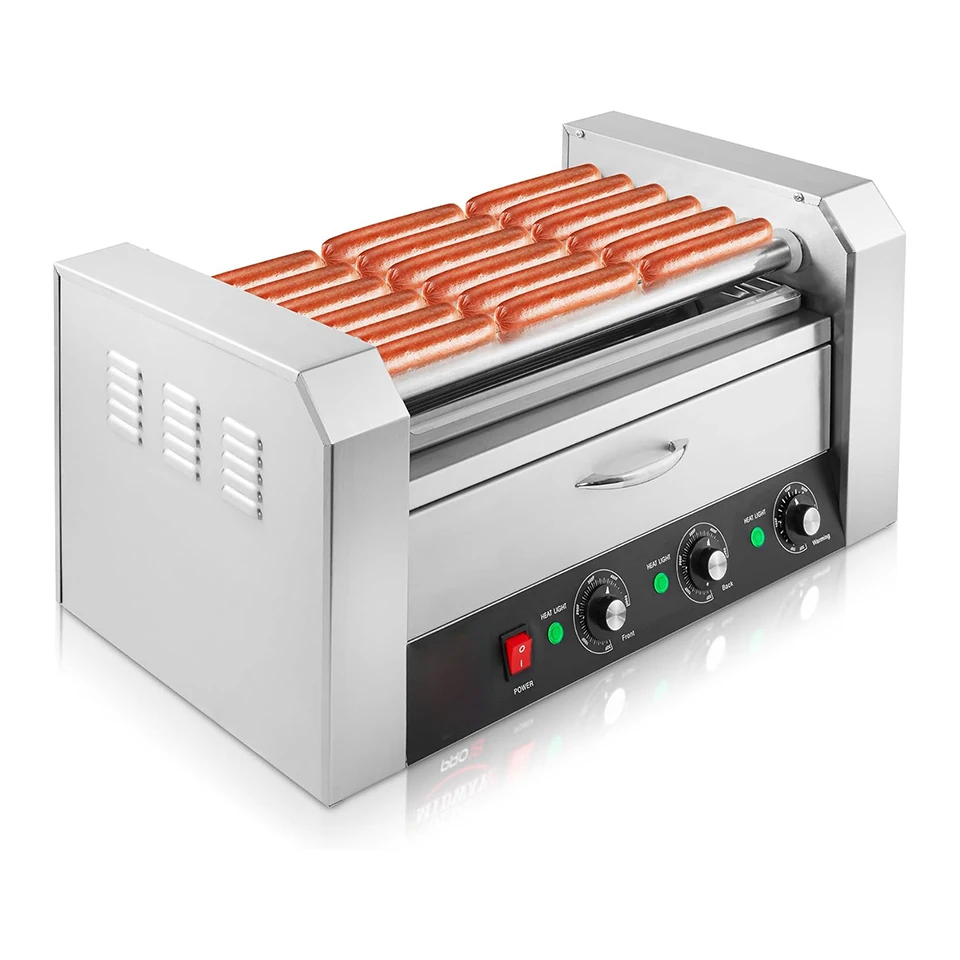 HHD07AS Commercial Hot Dog Roller Grill 7 Rollers Integrated Warming Cabinet Ideal for Sausage, Hot Dogs, and Snack Stations