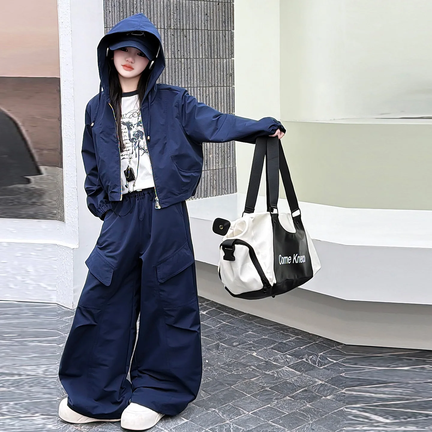 spring teen girls sport clothes set Hooded zipper jacket+cargo pants 2pcs junior kid sportswear suit child Workwear outfits 4-14