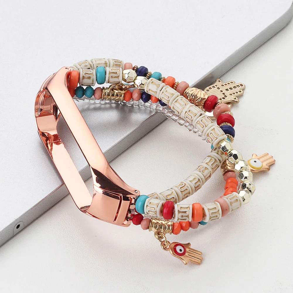 Nature Style Elastic Strap for Xiaomi Mi Band 10 9 8 Pro 7 Beaded Bracelet Bohemian Wristband