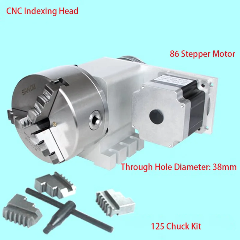 4th Axis CNC Indexing Head Hollow Shaft With 86 Waterproof Stepper Motor 125/130 3/4 Jaw Chuck Kit For CNC Router Engrave