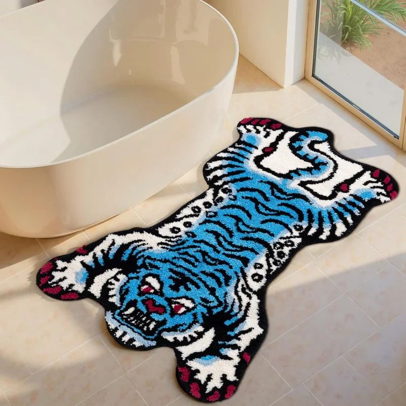 VIKAMA Vintage Tiger Shaped Carpet Non-Slip Absorbency Bathroom Floor Mat Soft Bedroom Bedside Blanket Home Decoration