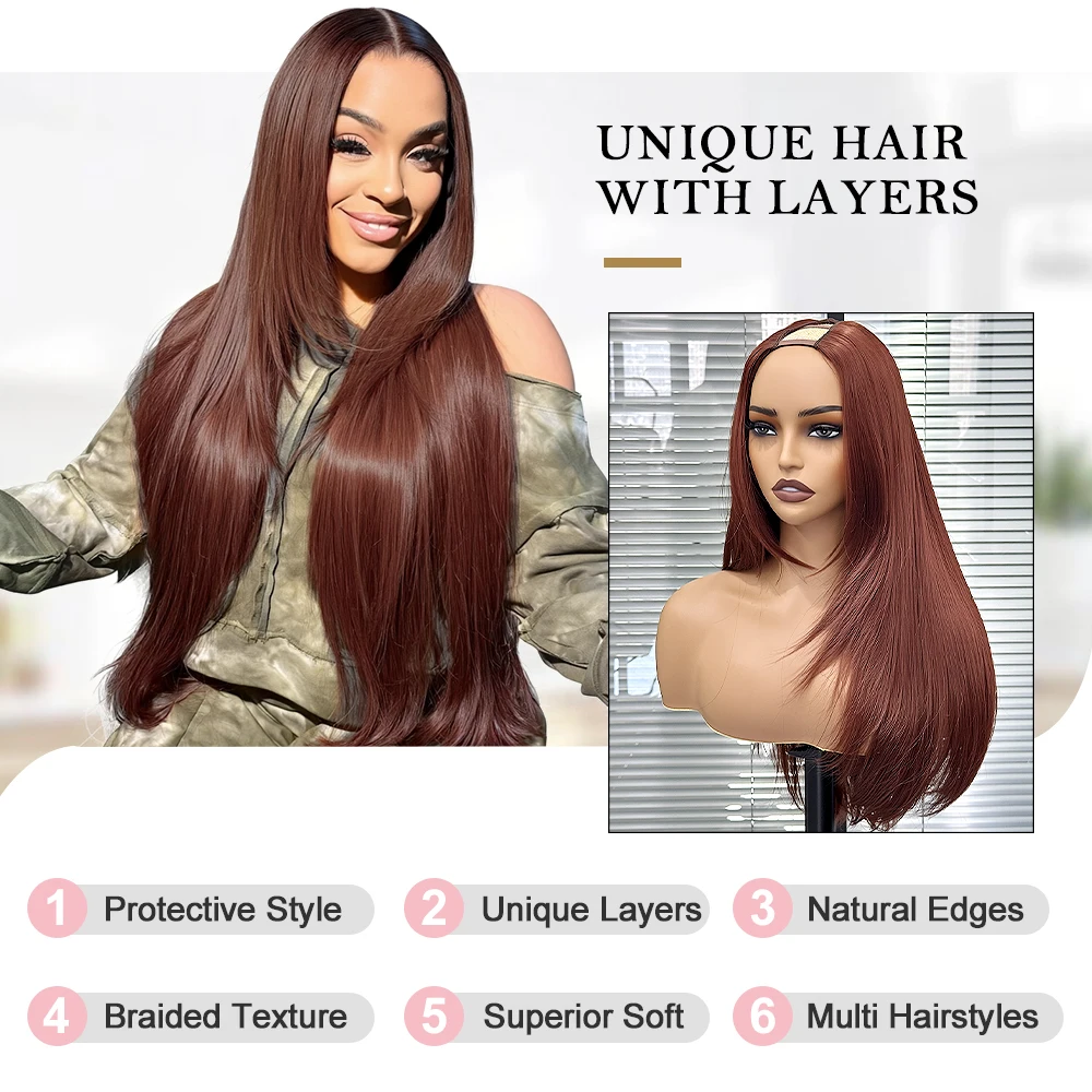 Parrucche con parte a V a strati rosso rame per donne nere Parrucche sintetiche resistenti al calore senza colla con taglio di capelli a farfalla diritta marrone rossastro