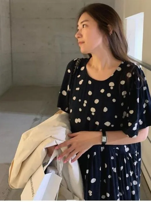 Chic Summer Vintage Anti-età rotondo Ne Loose Casual Splicing Pieghettato Colore Blo Polka Dot Or Sve Dr Donna