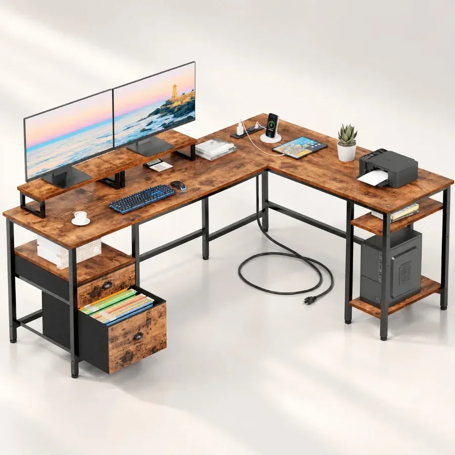 66'' L Shaped Desk with Built-in Power Outlet, 2 Storage Drawers, Rustic Brown Finish, Home Office Workspace Solution