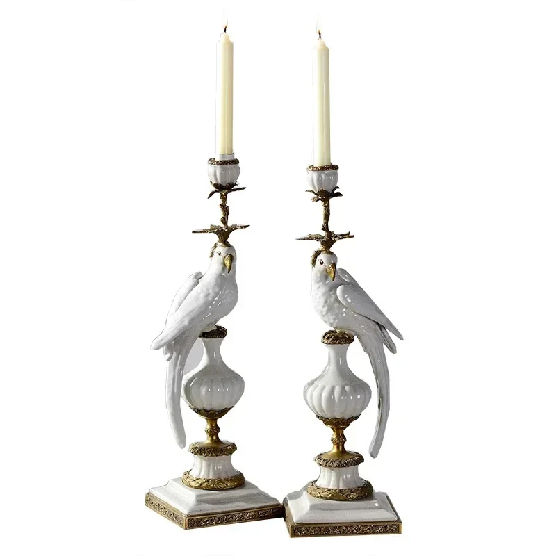 

Pure copper candlestick ornaments blue and white ceramic parrot candlestick porch classical home living room crafts ornaments