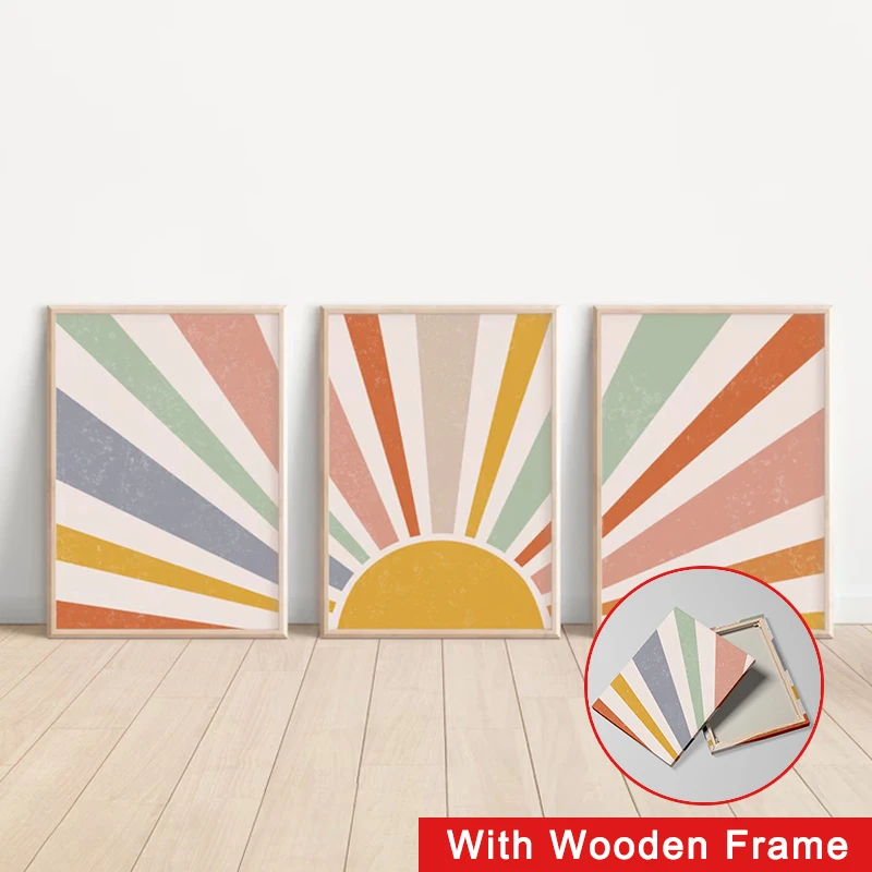 

Framed Retro Geometric Sun Poster Colorful Sunrise Wall Art Decor Canvas Print Painting Home Decor for Bedroom Living Room
