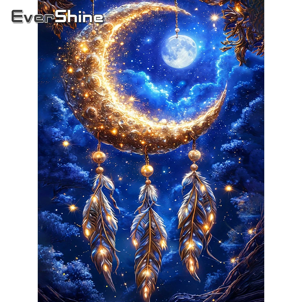 Evershine Diamant-Stickerei, Traumfänger, voller quadratischer Bohrer, Mosaik, Feder, Strasssteine, Bastelset, Malerei, Nachtmond, Wandkunst