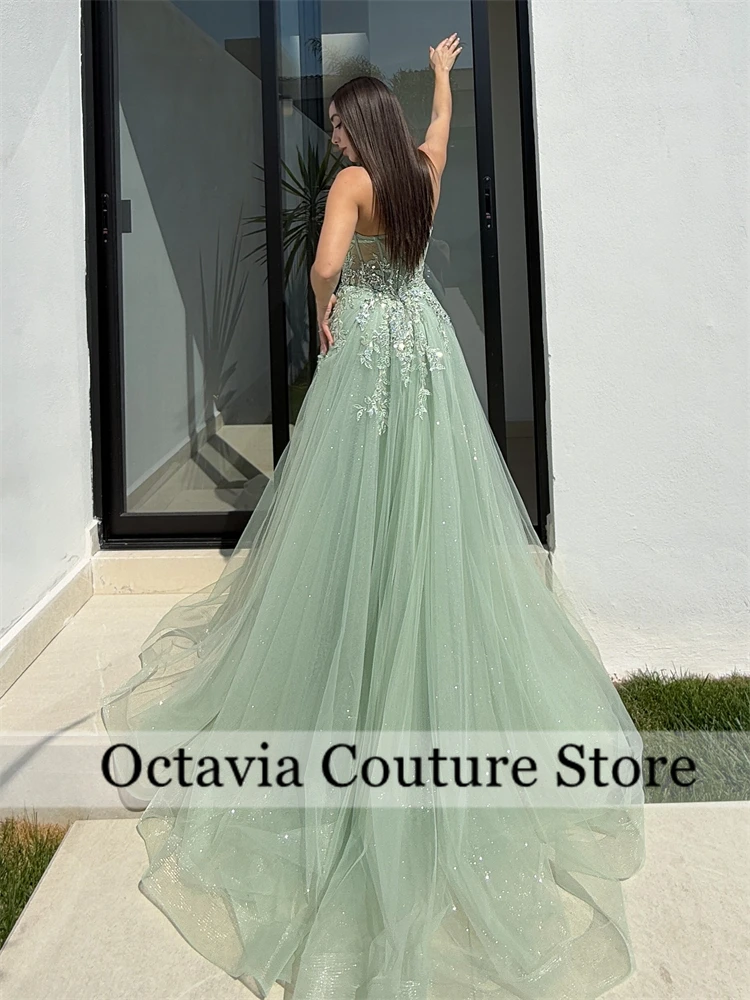 Saudi Arabic Elegant Dubai Green Sweetheart Luxury Evening Dress for Women Long Formal Prom Wedding Appliques Slit فستان وردي
