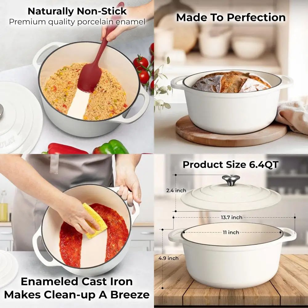 

6-Quart Enamel Cast Iron Dutch Oven with Lid - Durable, Oven-Safe to 500°F, Ideal for Baking, Stews, Braising, Roasting - White