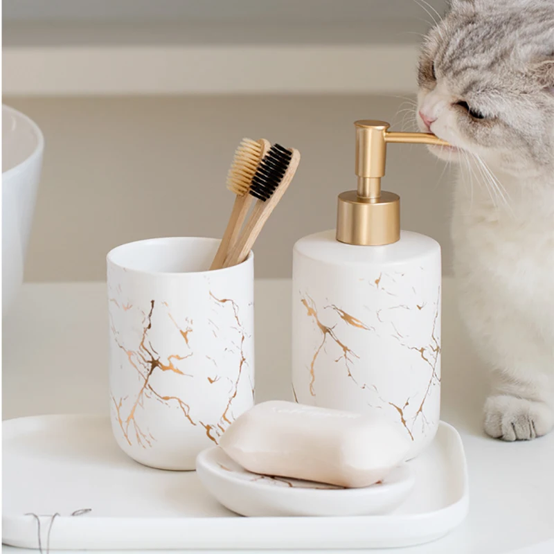 Ceramic Texture Mouthwash Cup Toilet Set Bathroom Hand Sanitizer Press Bottle Soap Box Tray Travel Portable Set Household Goods