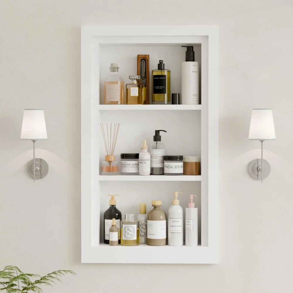 Recessed White Wood Medicine Cabinet 14 by 24 Inch 3 Tier Organizer Wall Niche Bathroom