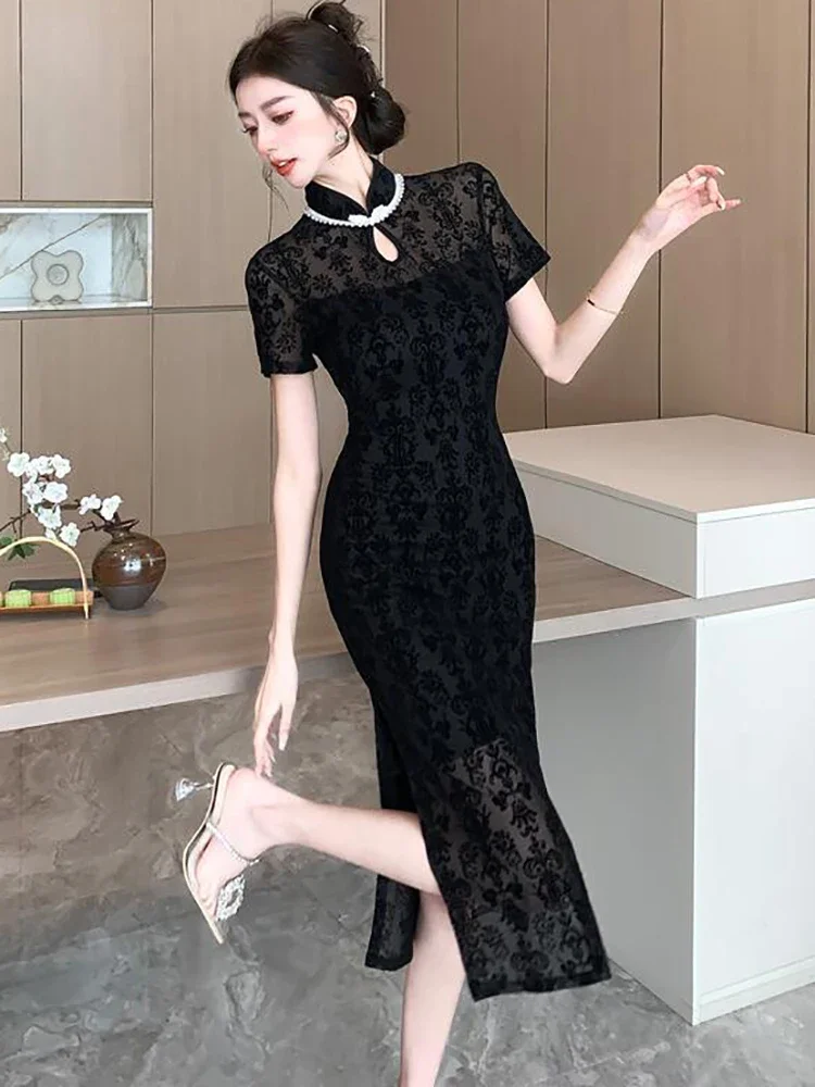 Black Jacquard Elegant Party Dresses Woman Summer Short Sleeve Chic Sheer Beading Luxury Long Dress 2024 Korean Vintage Vestidos