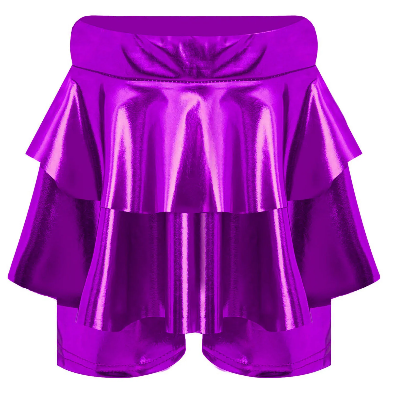 

Kids Girls Jazz Dance Metallic Skirted Shorts High Waist Elastic Waistband Culotte for Cheerleading Performance Parties Wear