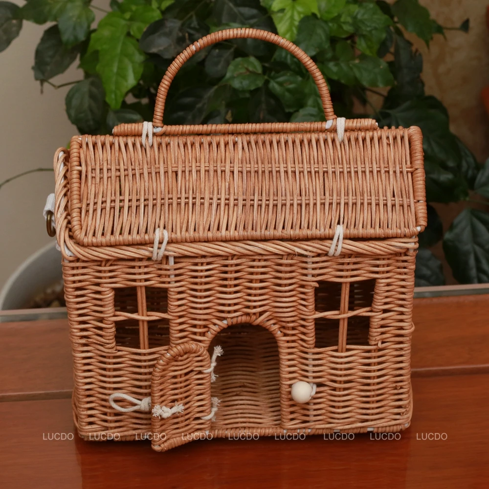 Handmade Rattan Weaven Mushroom Summer Beach Straw Bag House Shape Rattan Wicker Woven Shoulder Crossbody Bags