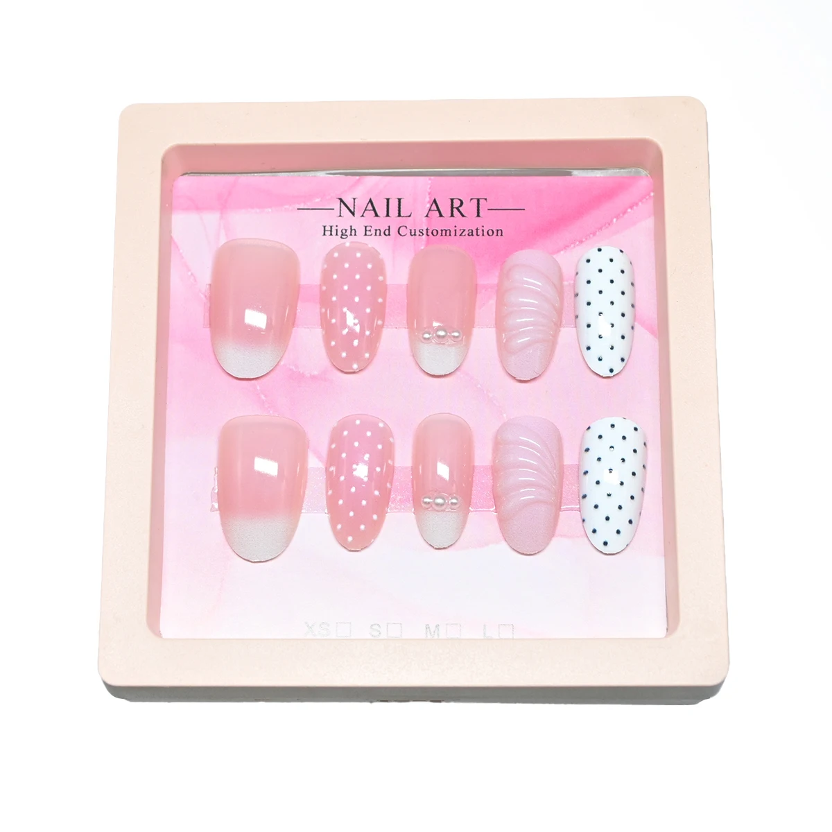 New arrival, 10-piece handmade medium almond press-on nails.The nude-pink gradient French base is sheer and clean, looking just