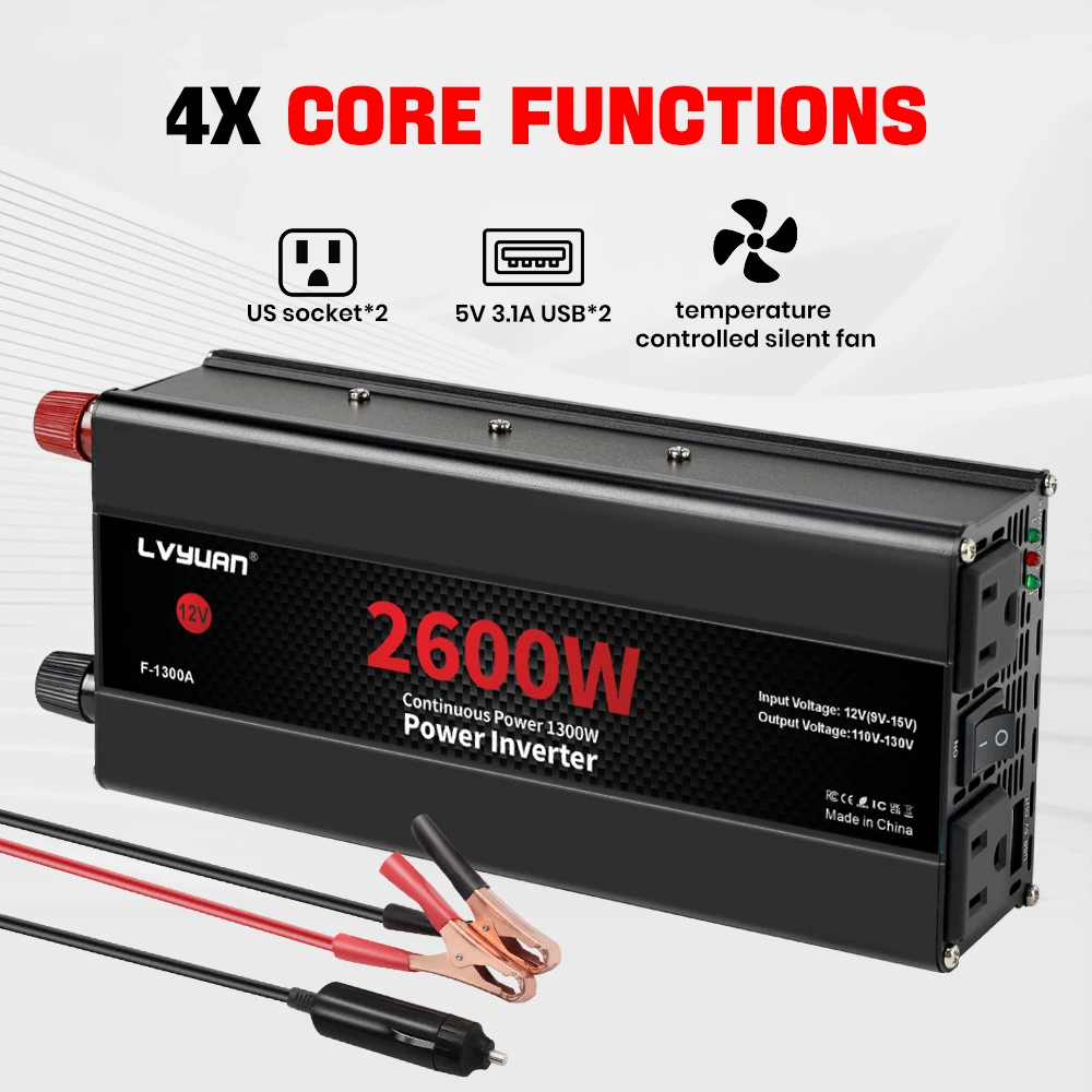 DC12V إلى AC120V سيارة العاكس 1500 واط/2000 واط/2600 واط محول جهد كهربي الطاقة 60 هرتز مع 2US المقبس USB شحن للتخييم التلفزيون المحمول #3