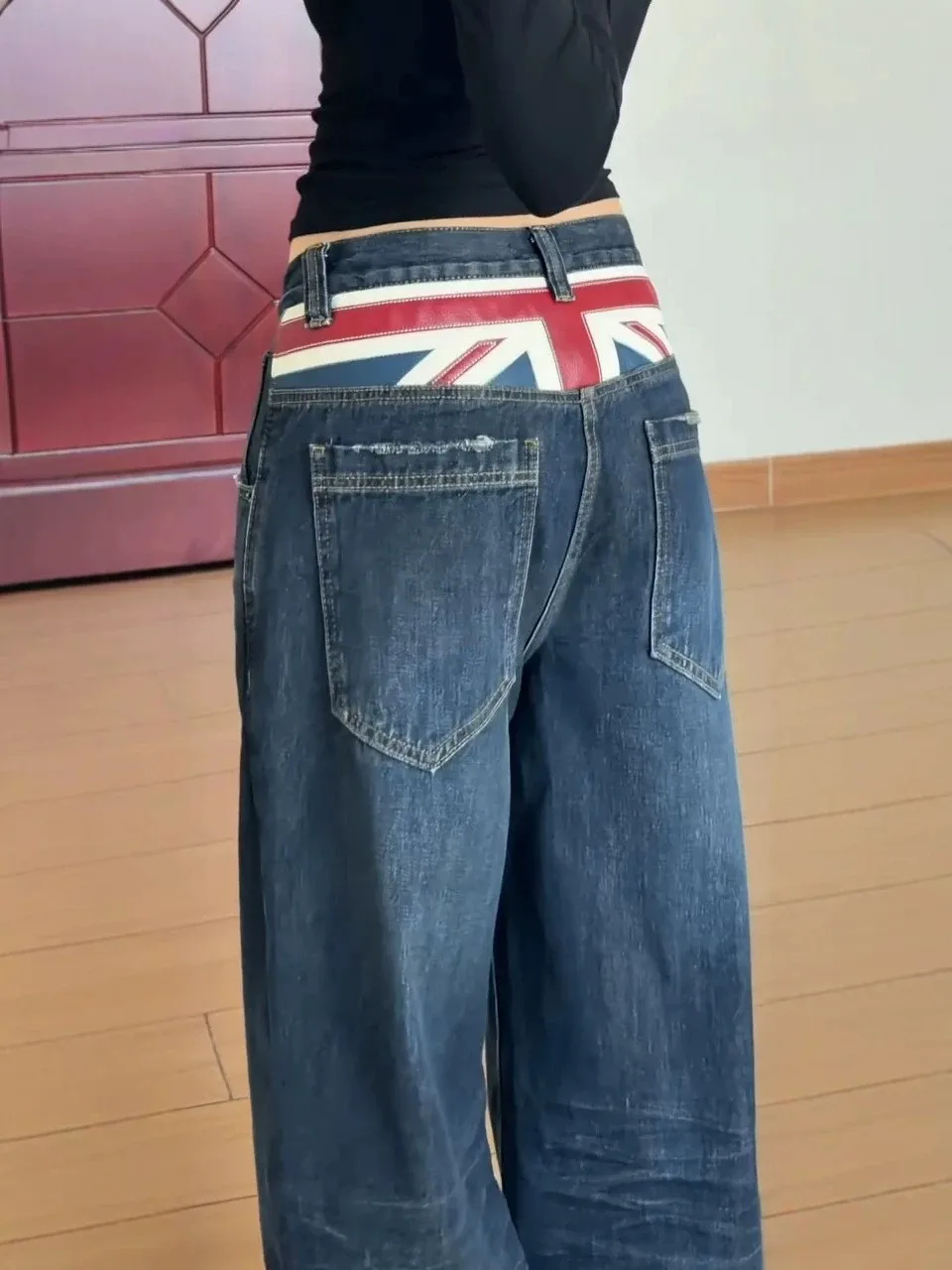 Loose Fit High Waist Wide Leg Jeans Women's plus Size American Retro Patchwork Design Fashionable Versatile Casual Denim Pants