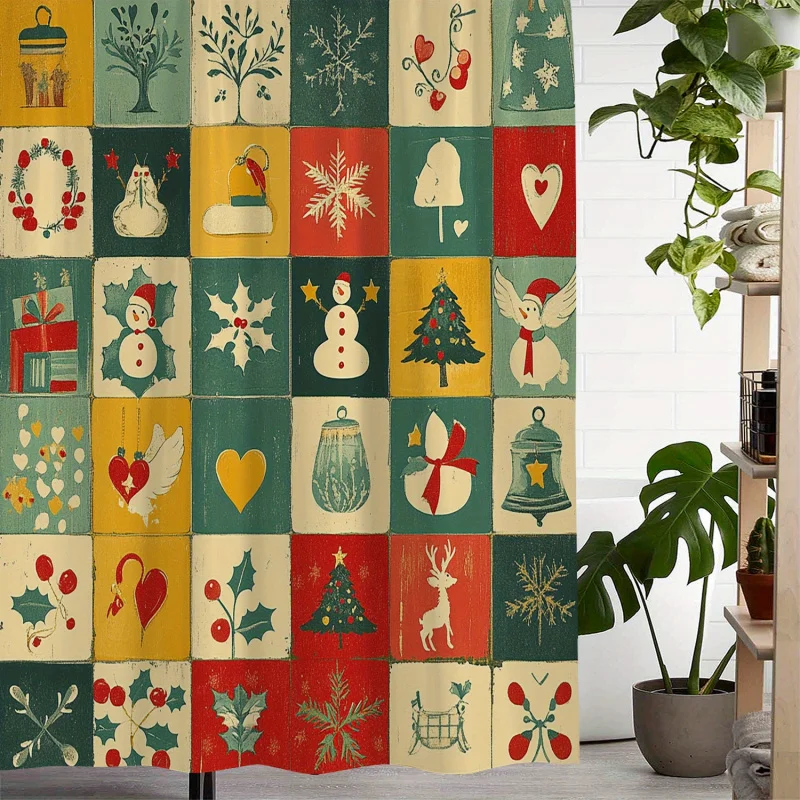 Vintage Christmas Themed Waterproof Bath Drape Snowman, Tree, Heart & Snowflake Print - Woven Polyester Fabric with Hooks,