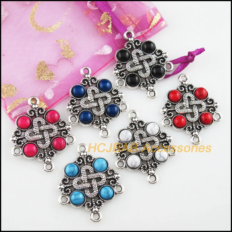 6Pcs Tibetan Silver Plated Knot Mixed Acrylic Charms Flowers Connectors 30x37mm