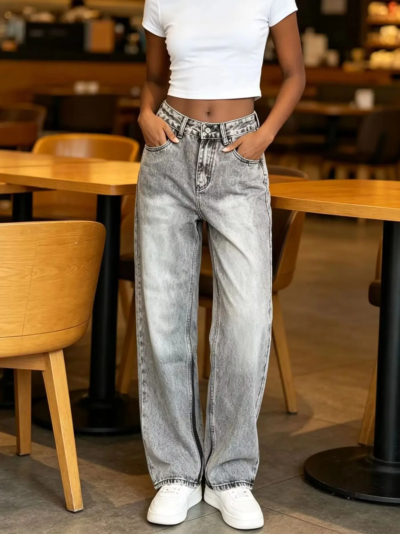 Women's Spring Autumn Smoke Gray Denim Wide Leg Long Pants High Waist Vintage Stone Wash Hide Hip Slim Versatile Casual Long Trousers