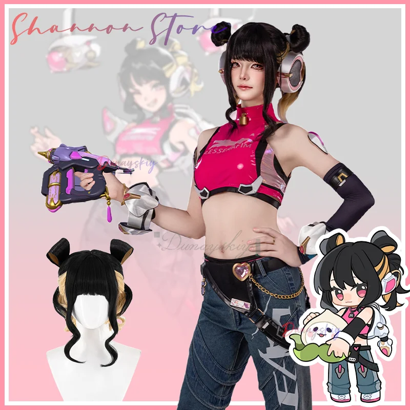 

Game Juno Girl Group Cosplay Costume Halloween Party Sweet Uniform Top Pants Wig Props Accessories Full Set Halloween Suit